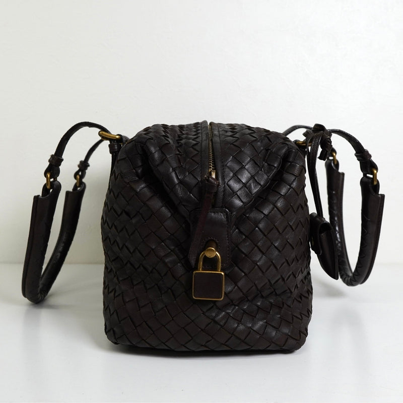 ボッテガ ヴェネタ イントレチャート レザー ミニボストンバッグ ハンドバッグ ブラウン - NEWSED