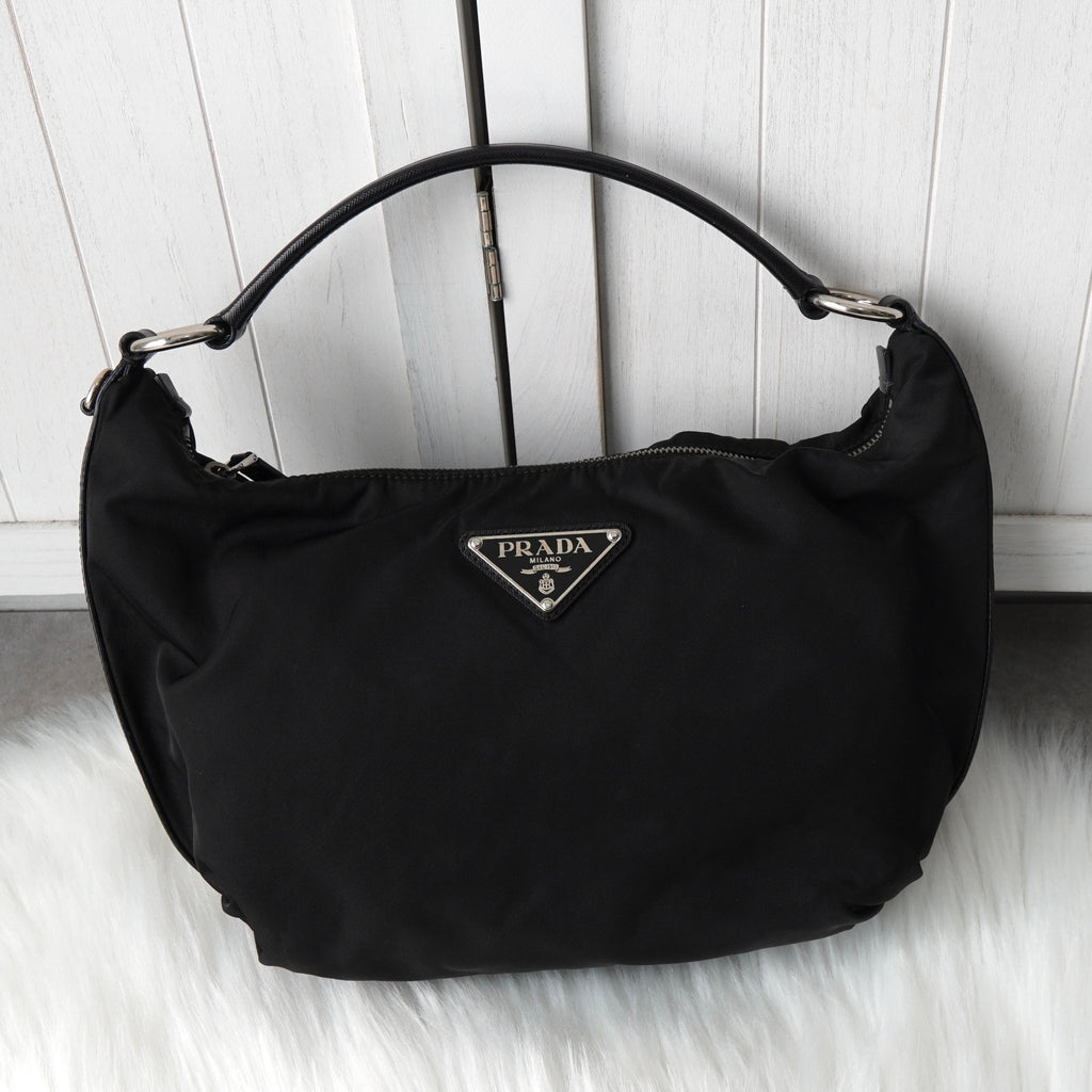 プラダ ポコノ テスート ナイロン サフィアーノ レザー ハンドバッグ ワンハンドル 三角プレート ブラック