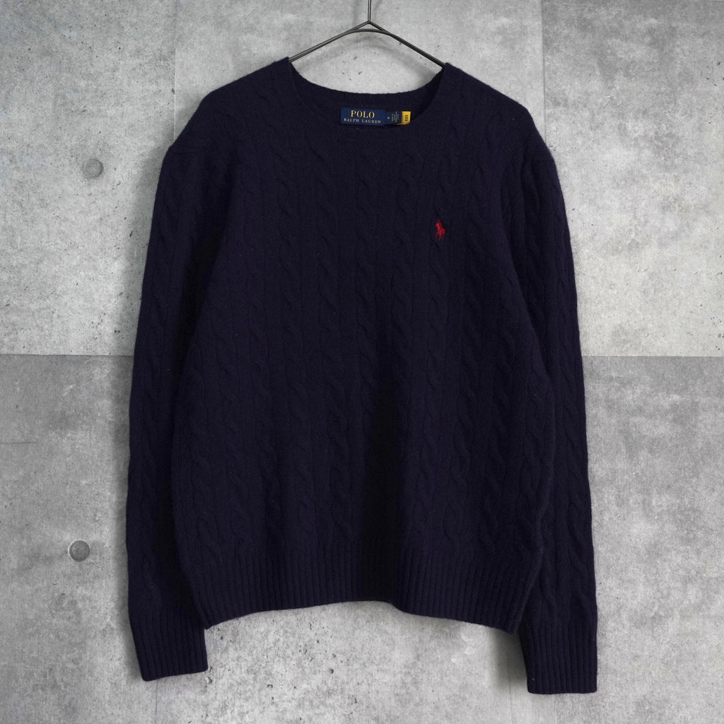 ポロ ラルフローレン ロゴ刺繍 ケーブル編み カシミヤ混紡 ニット ネイビー