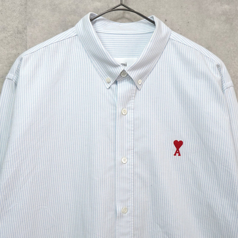アミパリ アミ パリス ストライプ柄 ハートロゴ 長袖シャツ ブルー - NEWSED