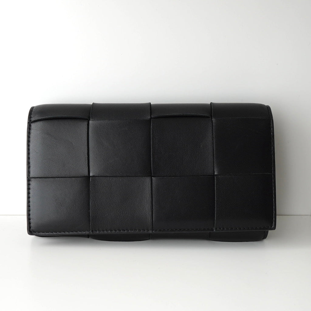 ボッテガ ヴェネタ イントレチャート カセット レザー ロングウォレット 二つ折り財布 ブラック