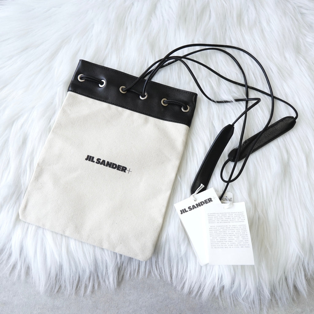 ジルサンダー ドローストリング キャンバス レザー 巾着型 ショルダーバッグ ポシェット アイボリー / ブラック 新品未使用