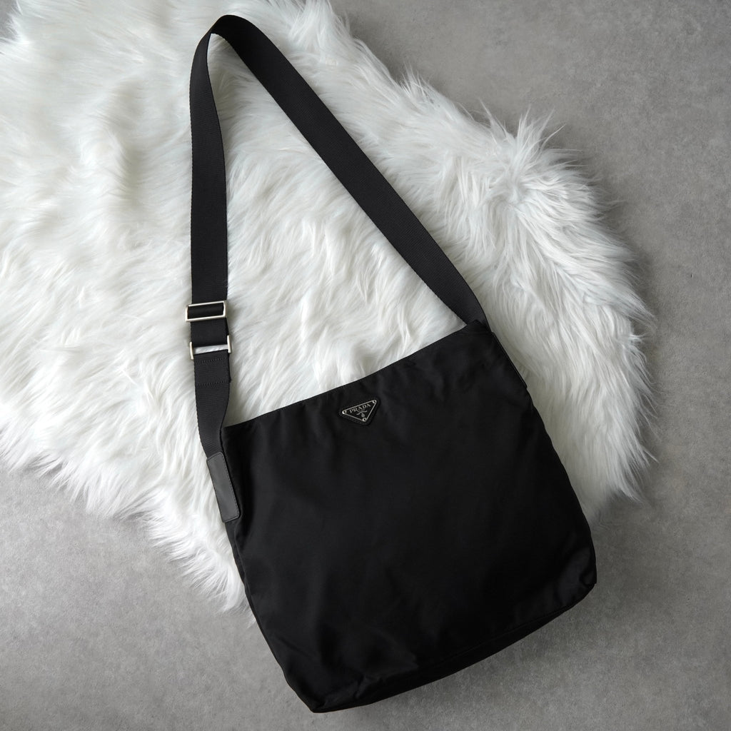 Prada Pocono Tessuto Nylon/Leather Triangle Plate Shoulder Bag in Black