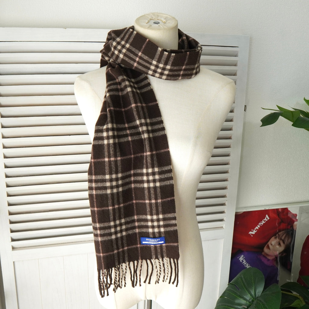 バーバリー ロンドン ブルーレーベル ノバチェック カシミア ウール マフラー ブラウン