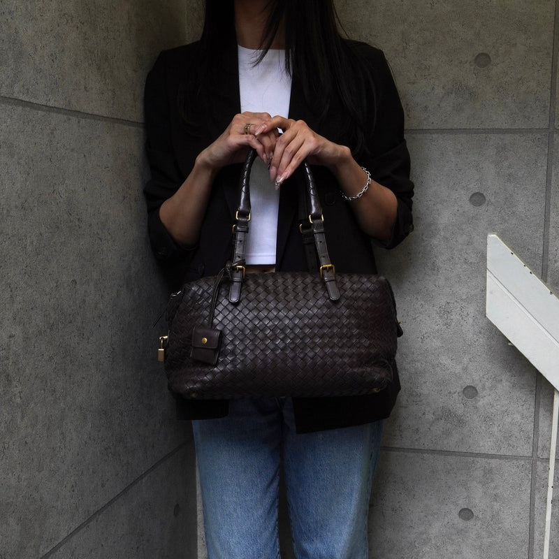 ボッテガ ヴェネタ イントレチャート レザー ミニボストンバッグ ハンドバッグ ブラウン - NEWSED