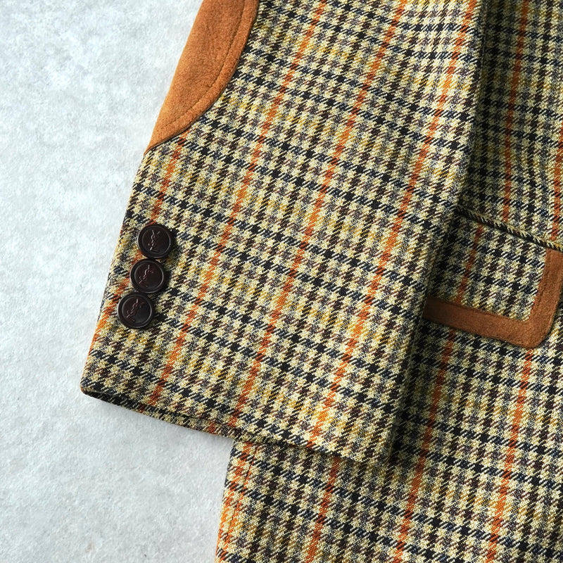 イヴ サンローラン ヴィンテージ チェック柄 エルボーパッチ シングル テーラードジャケット ベージュ - NEWSED