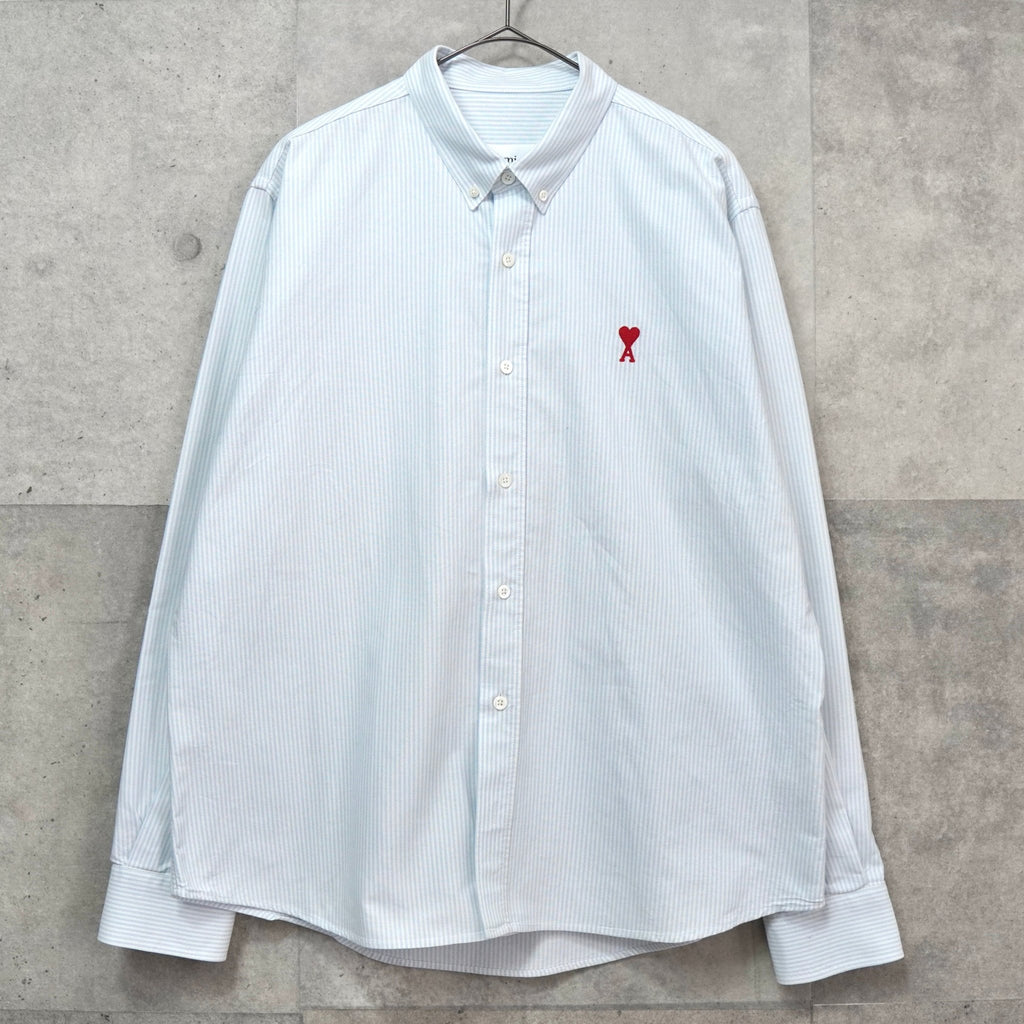 アミパリ アミ パリス ストライプ柄 ハートロゴ 長袖シャツ ブルー