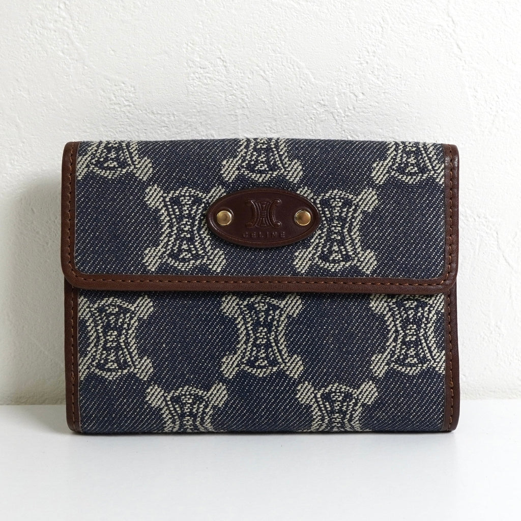 セリーヌ パリマカダム デニム / レザー コンパクトウォレット 二つ折り財布 ブルー / ブラウン