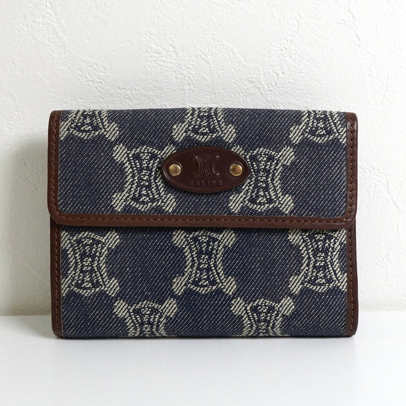 セリーヌ パリマカダム デニム / レザー コンパクトウォレット 二つ折り財布 ブルー / ブラウン - NEWSED