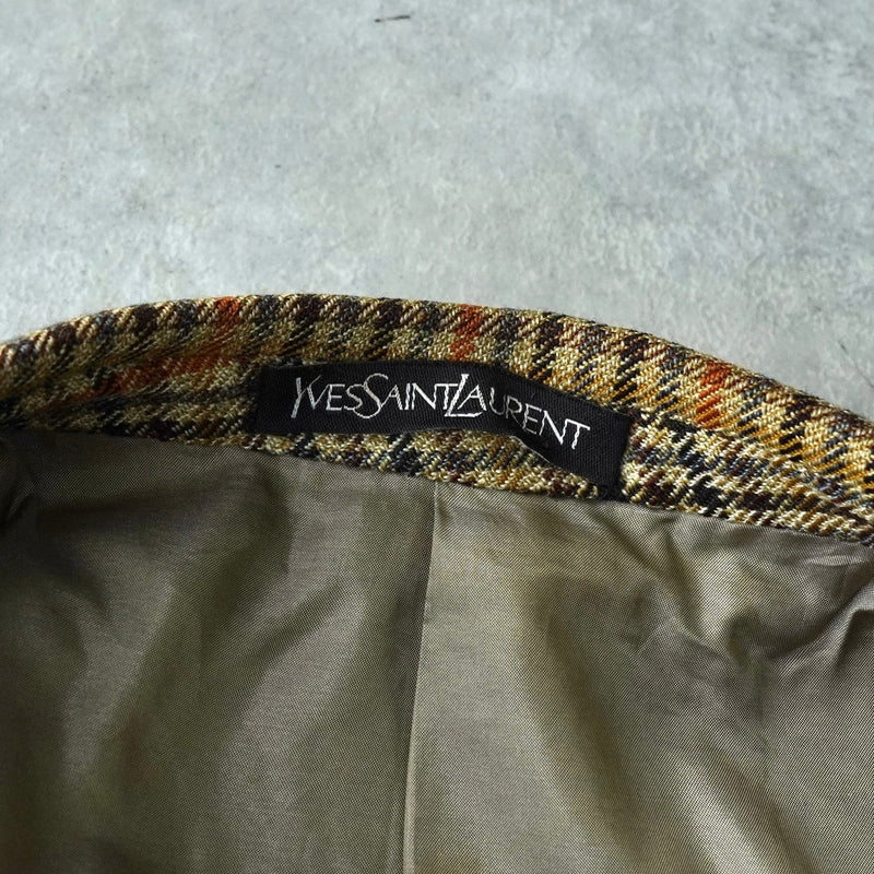 イヴ サンローラン ヴィンテージ チェック柄 エルボーパッチ シングル テーラードジャケット ベージュ - NEWSED