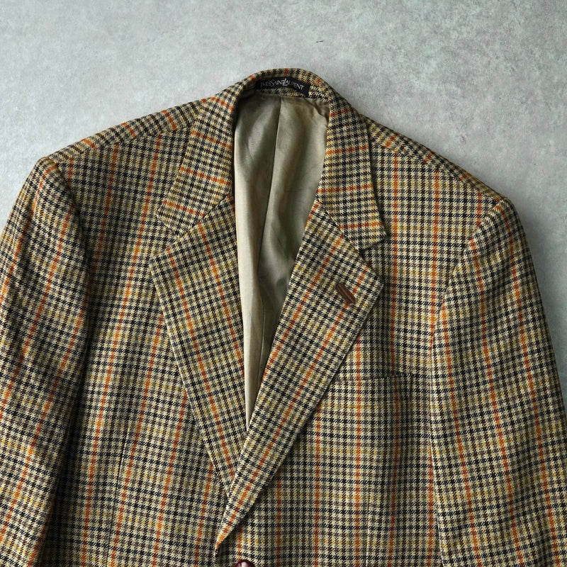 イヴ サンローラン ヴィンテージ チェック柄 エルボーパッチ シングル テーラードジャケット ベージュ - NEWSED