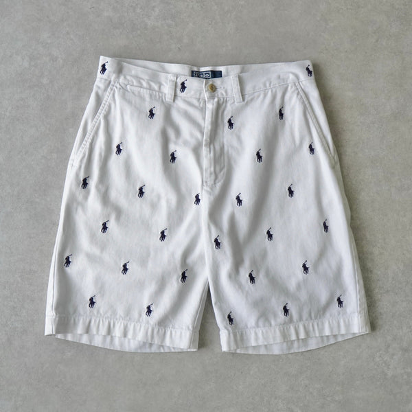 古着 ポロ・ラルフローレン POLO RALPH LAUREN パンツ ハーフパンツ 総柄ポニー ショーツ 短パン ジップ w31  ホワイト系 総柄 メンズ ポロ ラルフローレン スモールポニー ロゴ 総柄 ハーフパンツ ホワイト