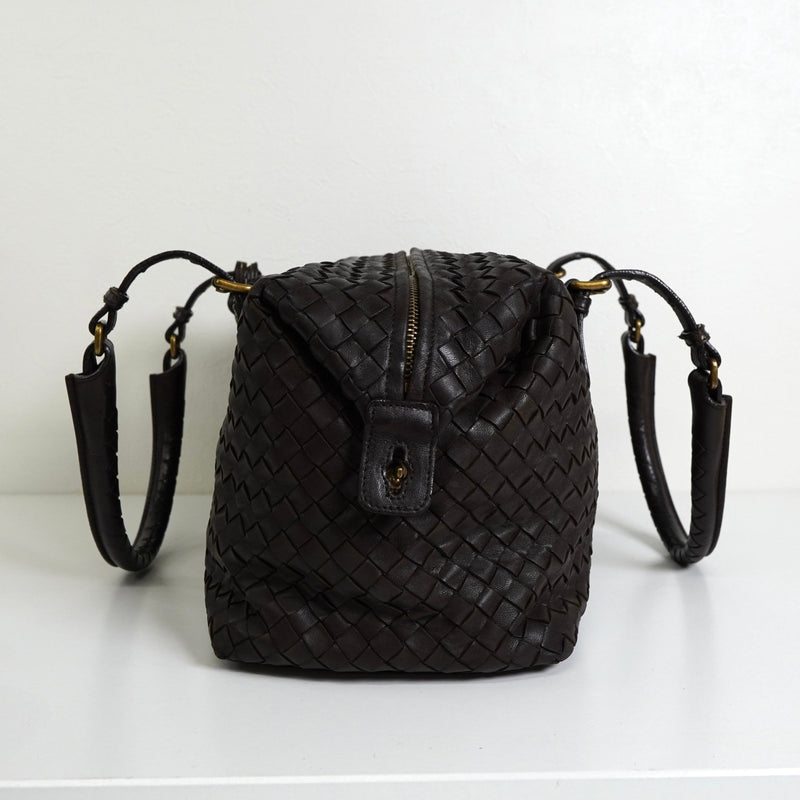 ボッテガ ヴェネタ イントレチャート レザー ミニボストンバッグ ハンドバッグ ブラウン - NEWSED