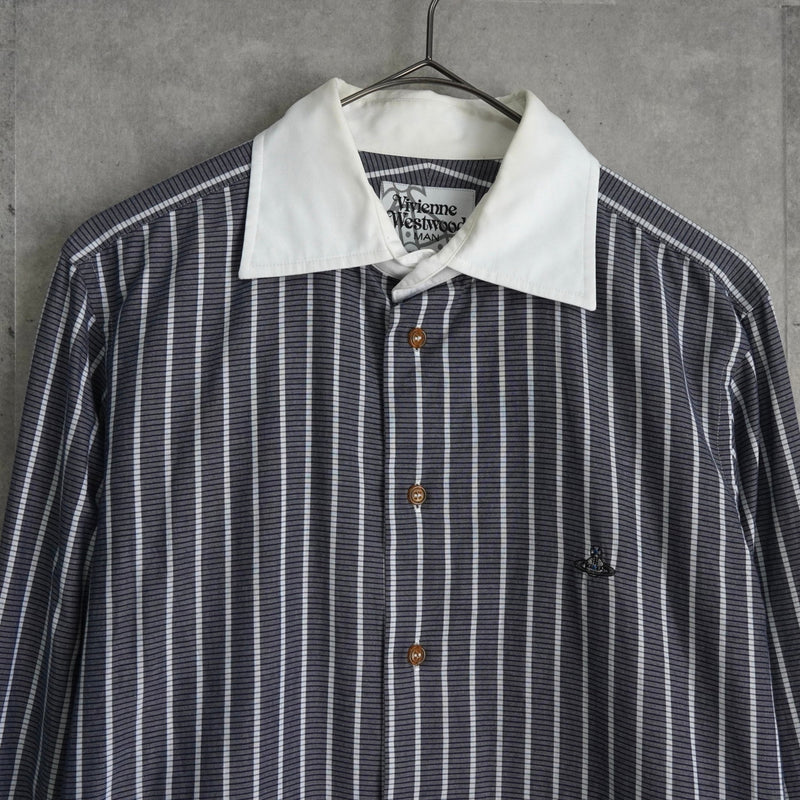 ヴィヴィアン ウエストウッド オーブ ストライプ柄 長袖シャツ クレリックシャツ ブルー - NEWSED