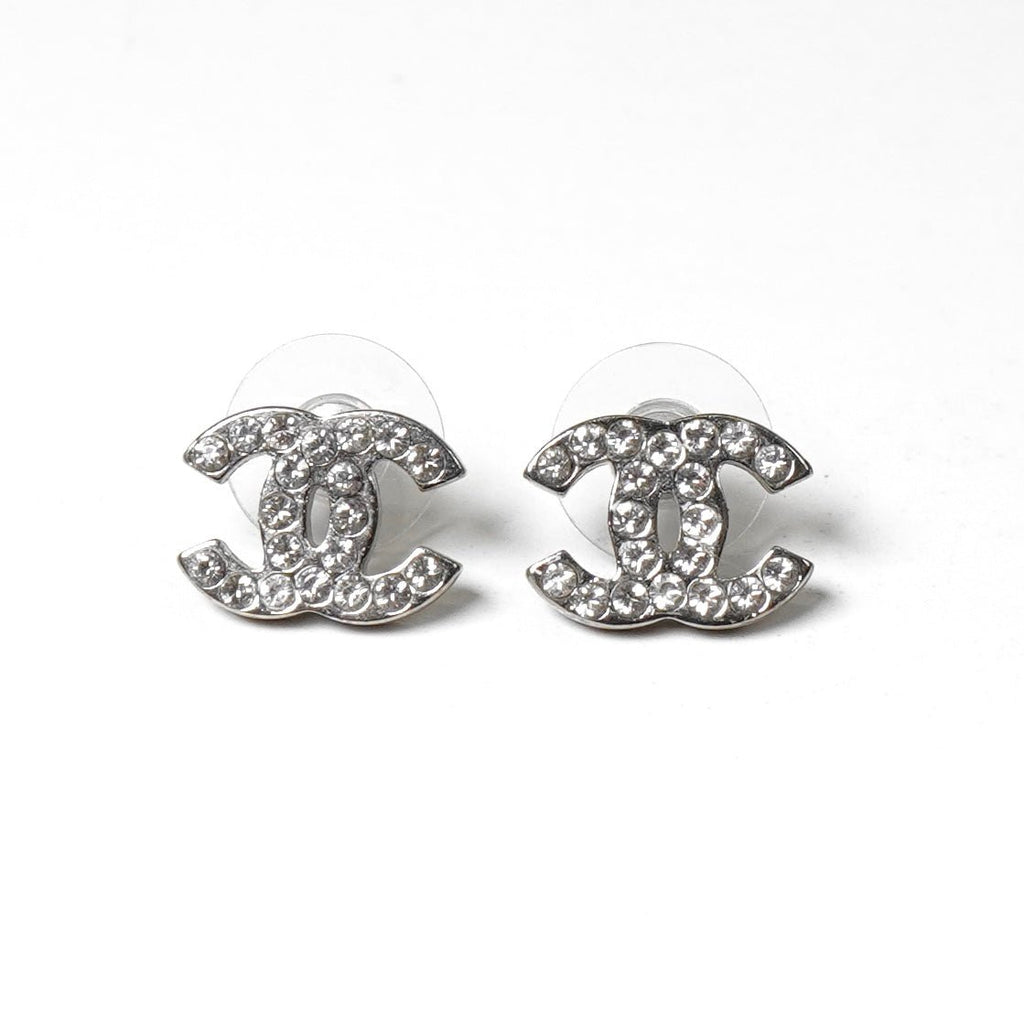 Chanel Coco Mark Rhinestone Earrings, Silver