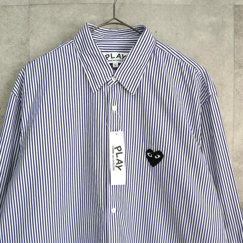 プレイ コムデギャルソン ハートロゴ ストライプ柄 長袖シャツ ネイビー タグ付き未使用品 - NEWSED