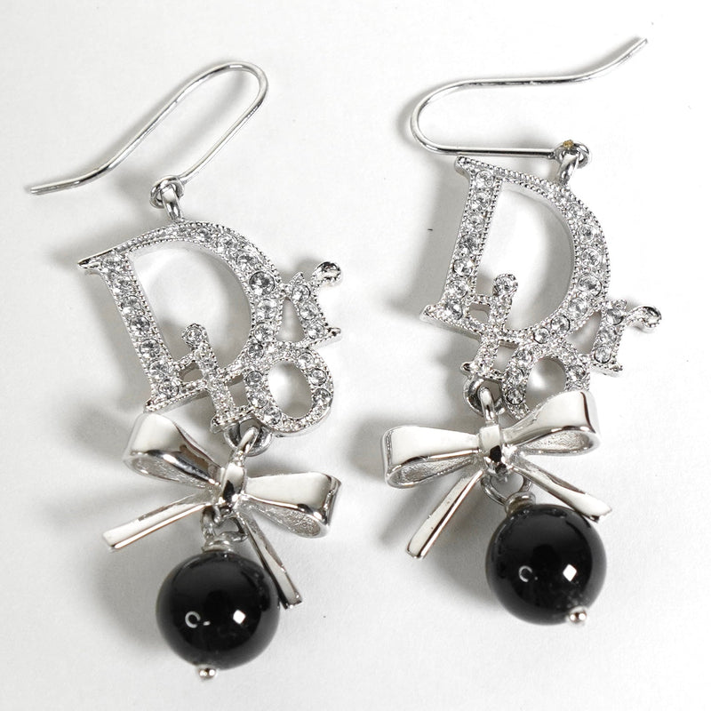 クリスチャン ディオール ロゴ ラインストーン リボン ピアス シルバー / ブラック - NEWSED