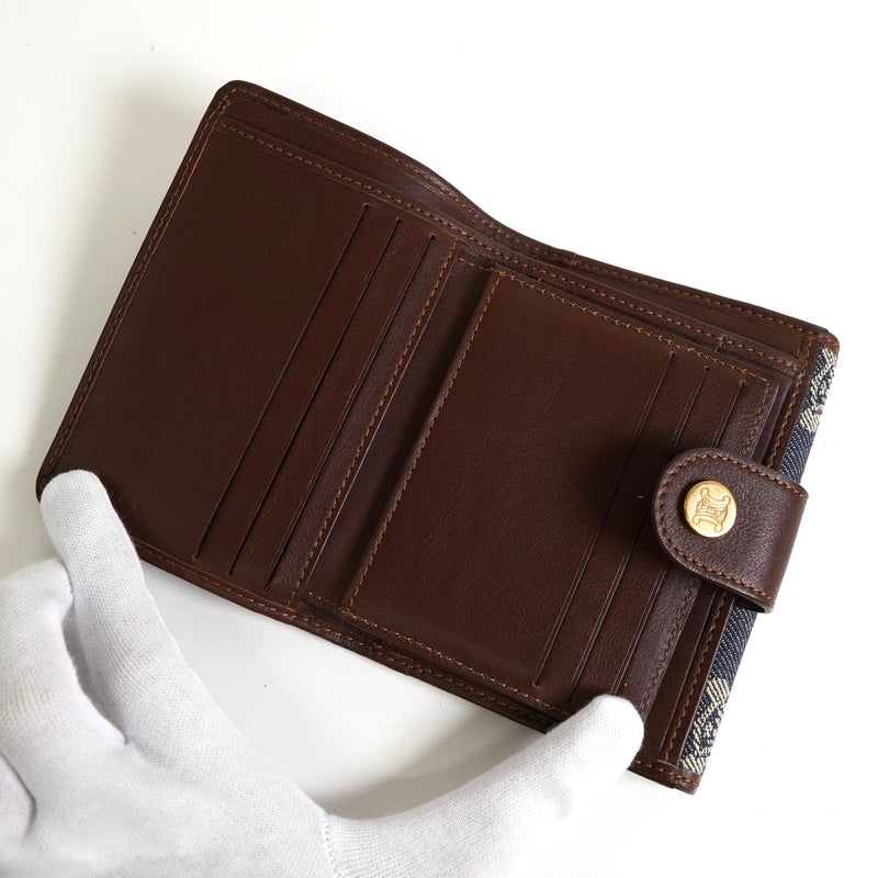 セリーヌ パリマカダム デニム / レザー コンパクトウォレット 二つ折り財布 ブルー / ブラウン - NEWSED