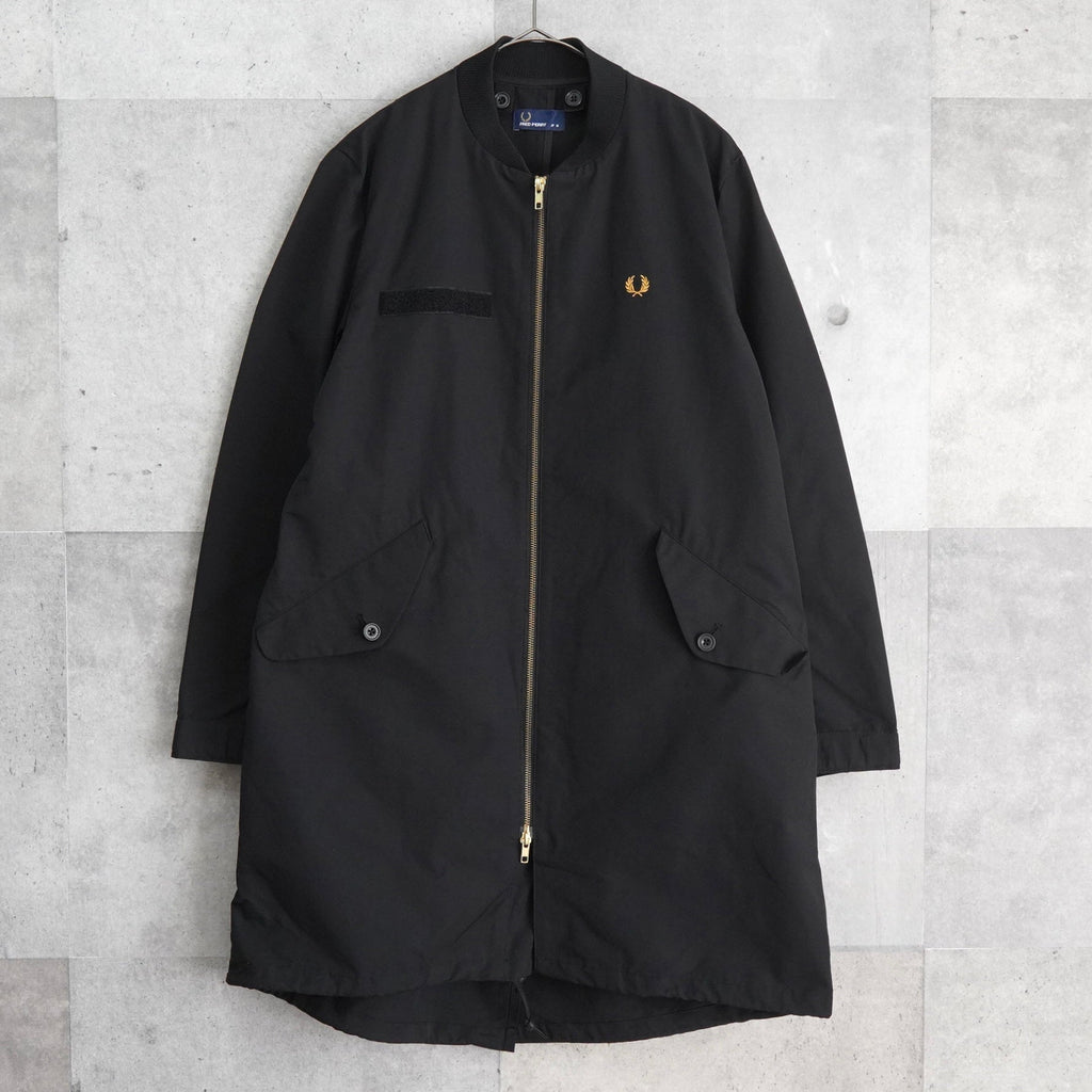 Fred Perry Zip-up Bomber Coat Long Coat Logo Embroidery Black