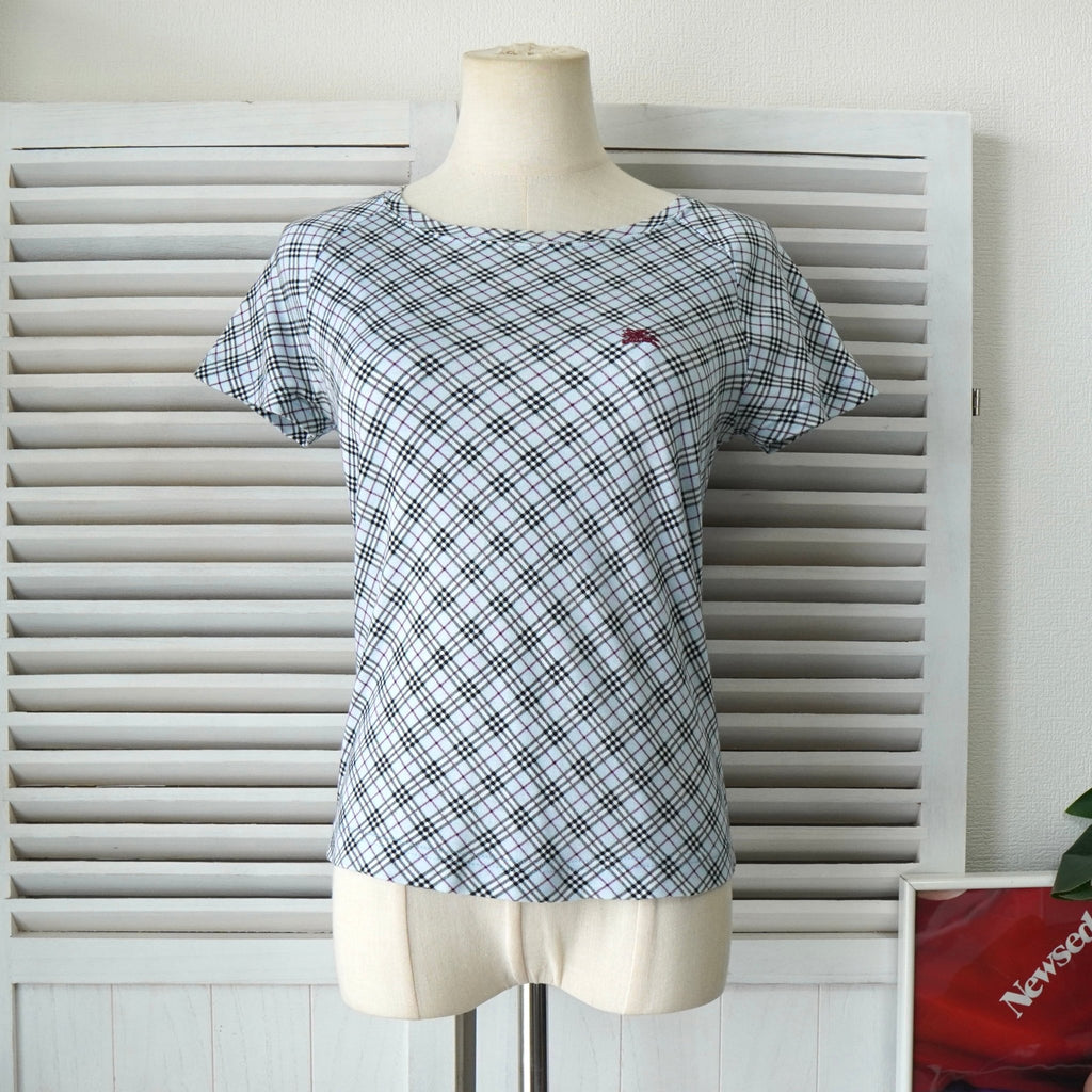 バーバリー ブルーレーベル ホースロゴ 刺繍 ノバチェック 半袖トップス ブルー レディース
