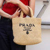 Prada Raffia Crochet Triangle Logo Handbag in Beige