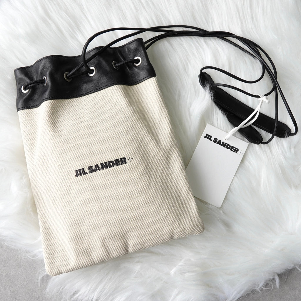 ジルサンダー ドローストリング キャンバス レザー 巾着型 ショルダーバッグ ポシェット アイボリー / ブラック タグ付き未使用