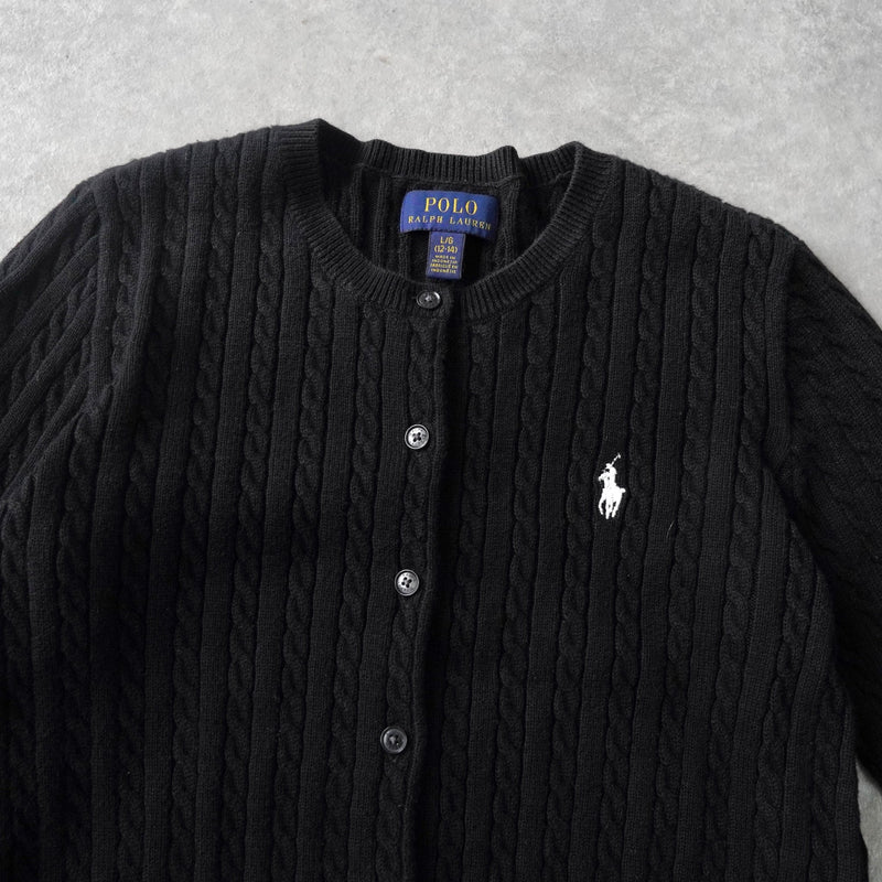 ポロ ラルフローレン ロゴ 刺繍 ケーブル編み カーディガン ブラック キッズ - NEWSED