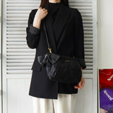 プラダ ジャガード テスートナイロン / レザー ギャザー リボン ショルダーバッグ ブラック - NEWSED