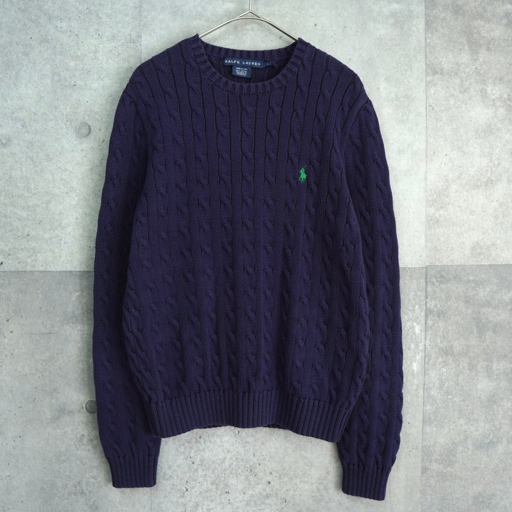 ポロラルフローレン　ピマコットン　ケーブルニット　ビーズ刺繍　ネイビー ポロラルフローレン ケーブルニット 高級ピマコットン セーター ポニー