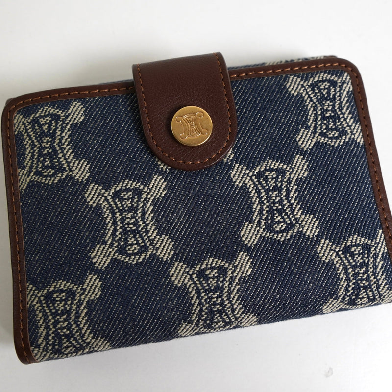 セリーヌ パリマカダム デニム / レザー コンパクトウォレット 二つ折り財布 ブルー / ブラウン - NEWSED