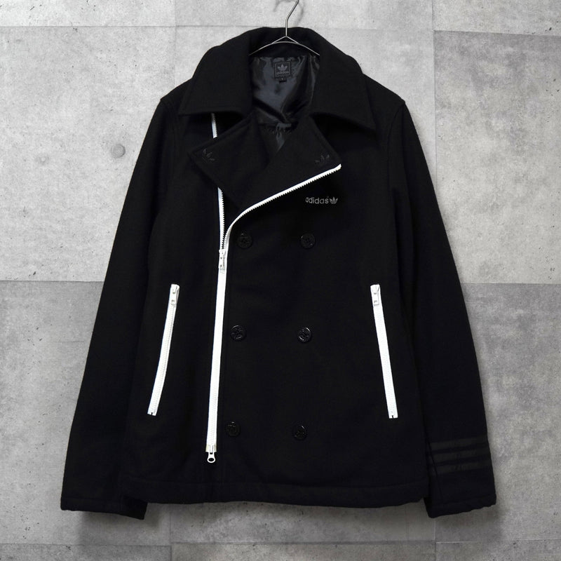 アディダス ロゴ ジッパー ウール ピーコート メンズ ブラック - NEWSED