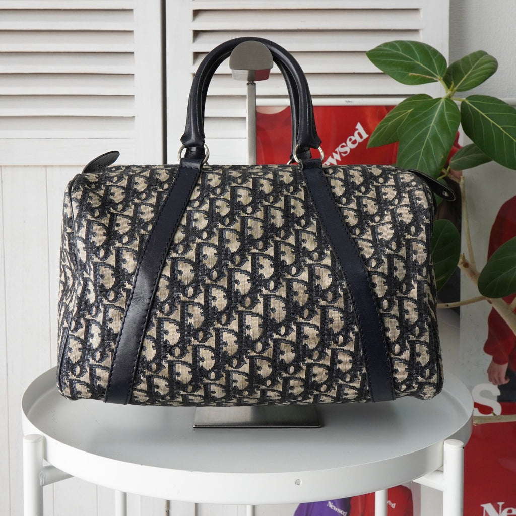 クリスチャンディオール トロッター キャンバス / レザー ミニボストンバッグ ネイビー