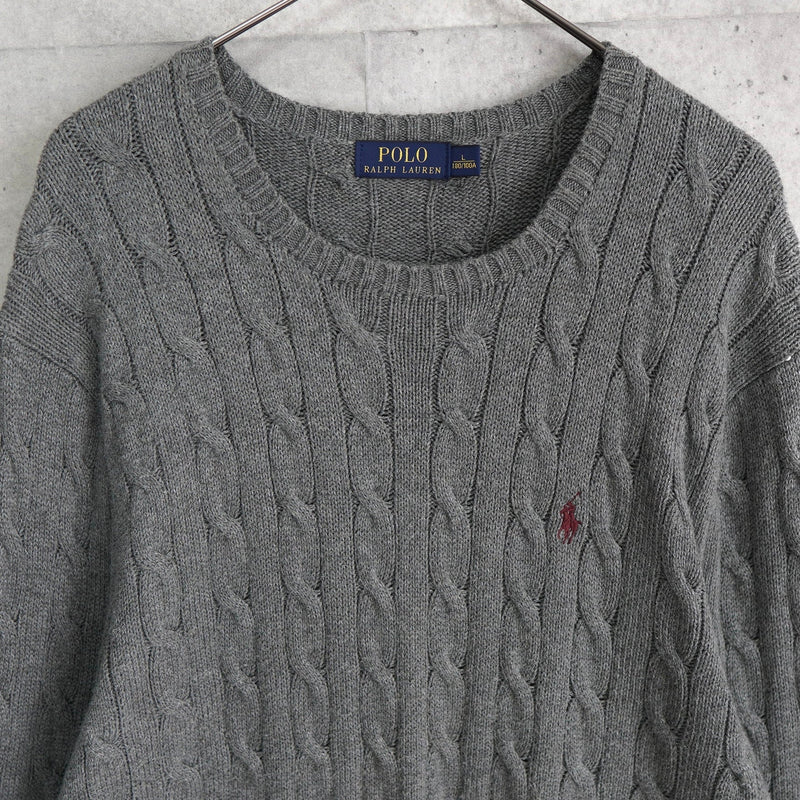 ポロラルフローレン ケーブル編み ニット ロゴ刺繍 グレー - NEWSED