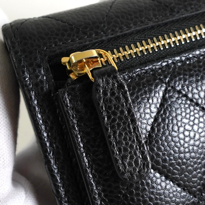 シャネル ココマーク マトラッセ キャビアスキン コンパクトウォレット 三つ折り財布 ブラック - NEWSED