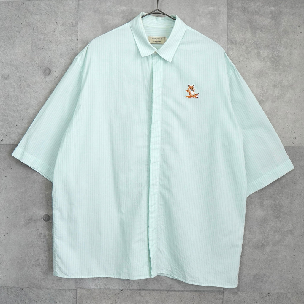 Maison Kitsune Chillax Fox Striped Short Sleeve Shirt in Green