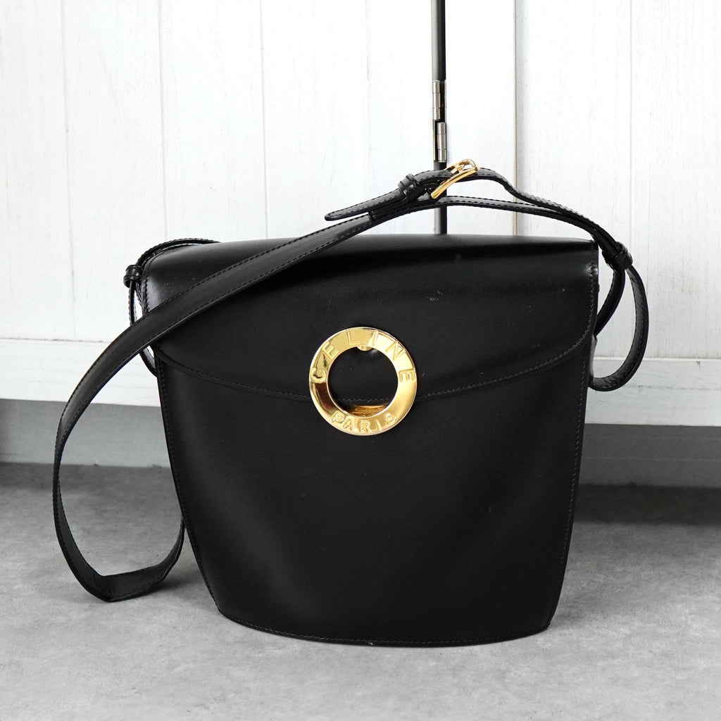Celine 圆形徽标金属皮革单肩包 黑色