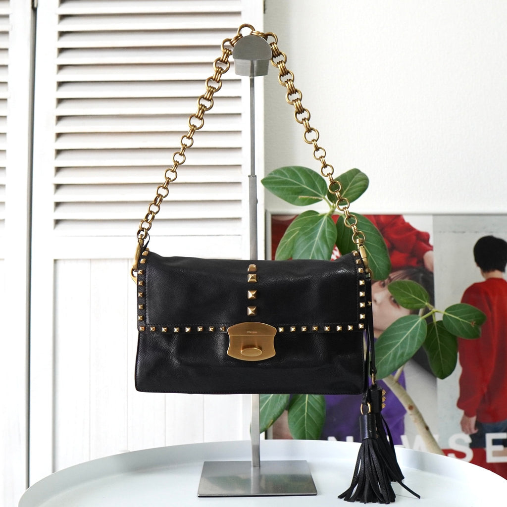 Prada 铆钉皮革流苏链条单肩包 黑色 带保修卡