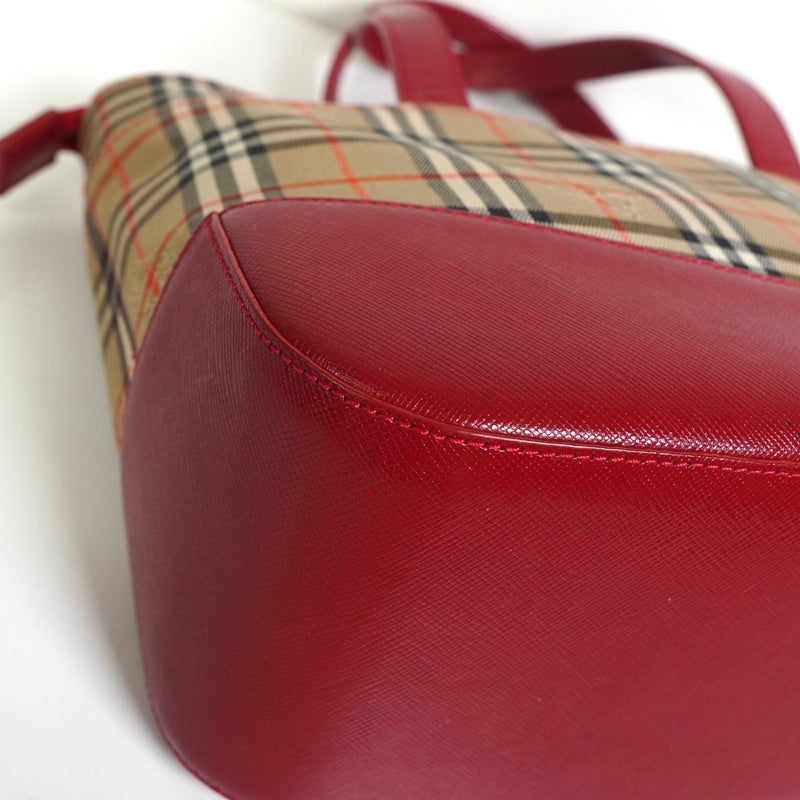 バーバリー ノバチェック ナイロンキャンバス / レザー ミニハンドバッグ ベージュ / レッド - NEWSED