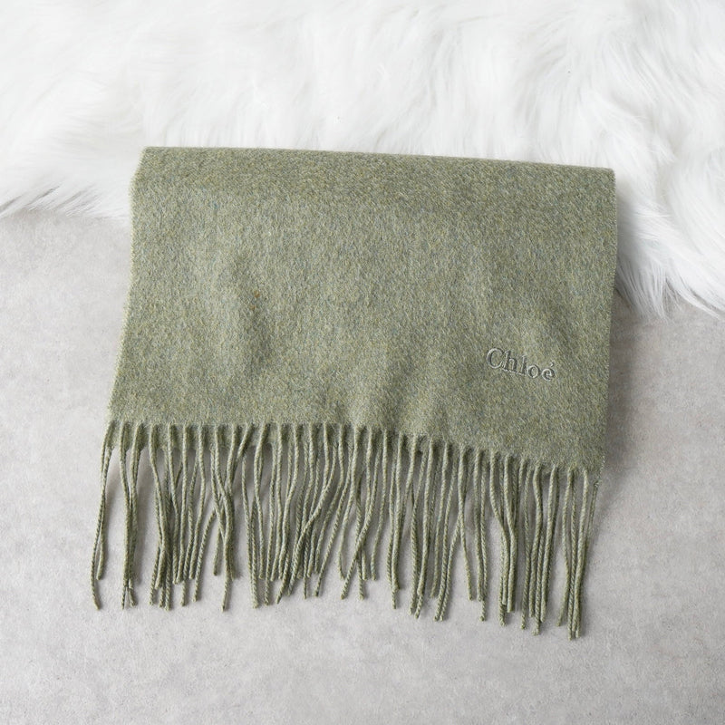 クロエ ロゴ刺繍 カシミヤ マフラー グレー グリーン - NEWSED