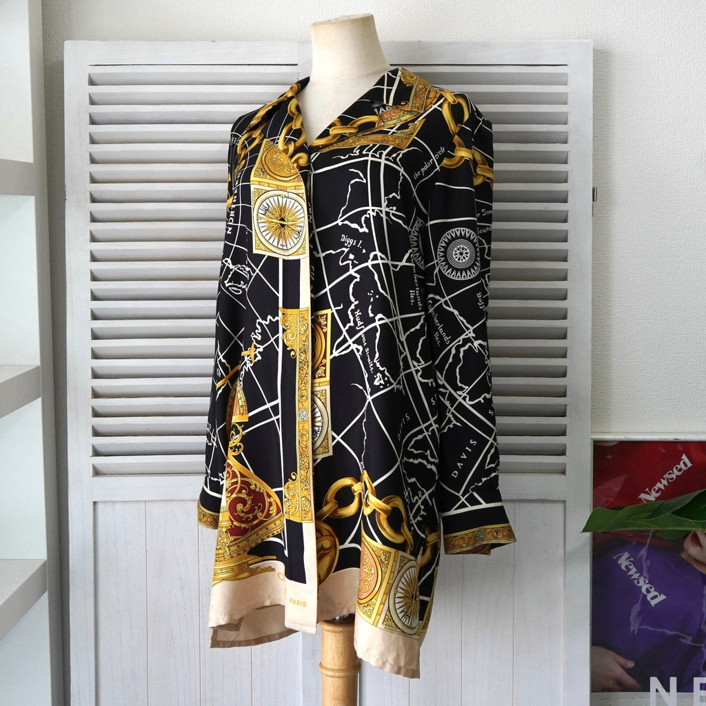 セリーヌ ヴィンテージ シルク レオナール 総柄  シャツ ワンピース ブラック / ゴールド レディース