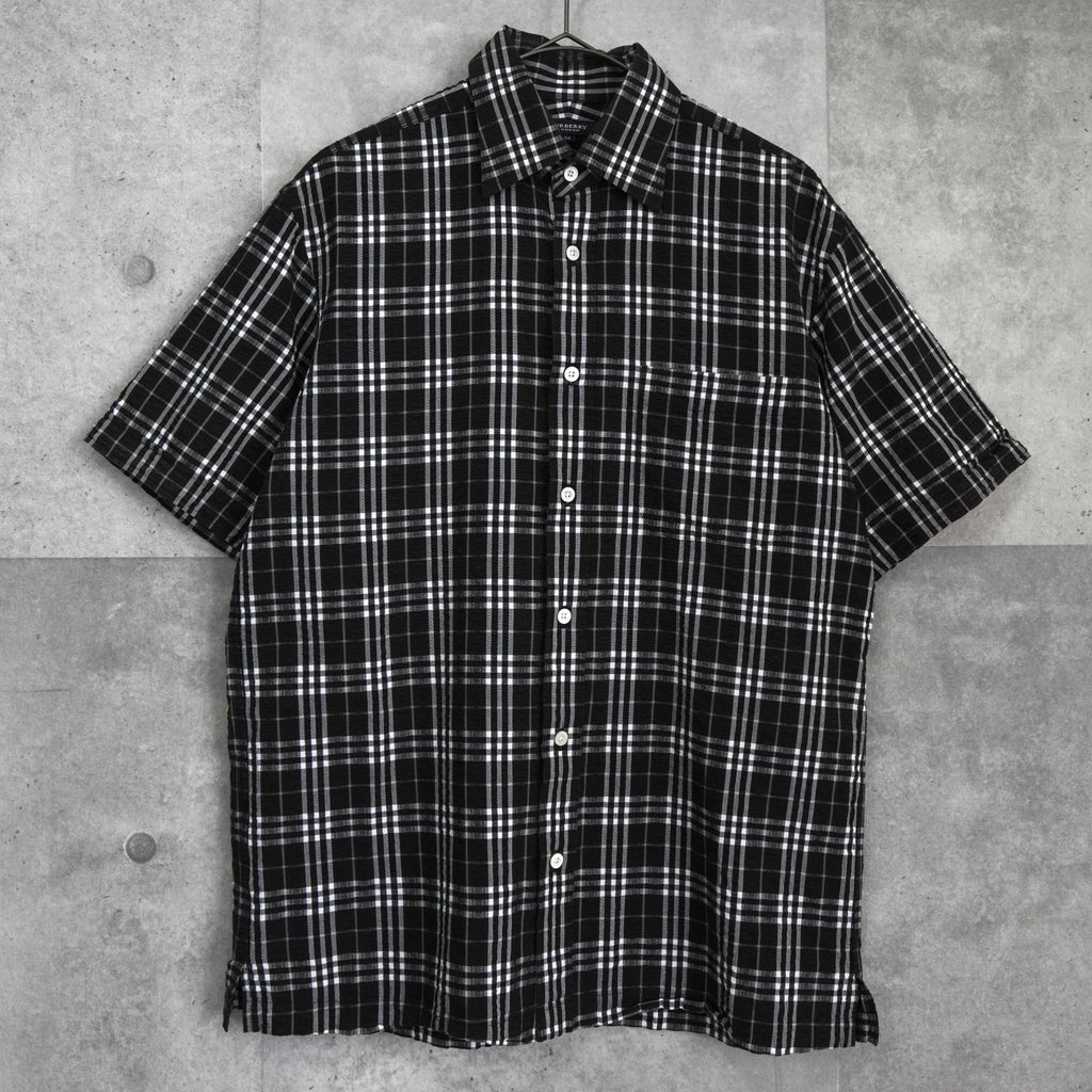 【美品】バーバリーロンドン メンズ半袖シャツ 綿 L ノバチェック　黒×白 バーバリー ノバチェック 半袖シャツ BURBERRY バーバリー ノバ