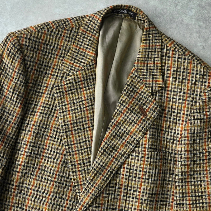 イヴ サンローラン ヴィンテージ チェック柄 エルボーパッチ シングル テーラードジャケット ベージュ - NEWSED