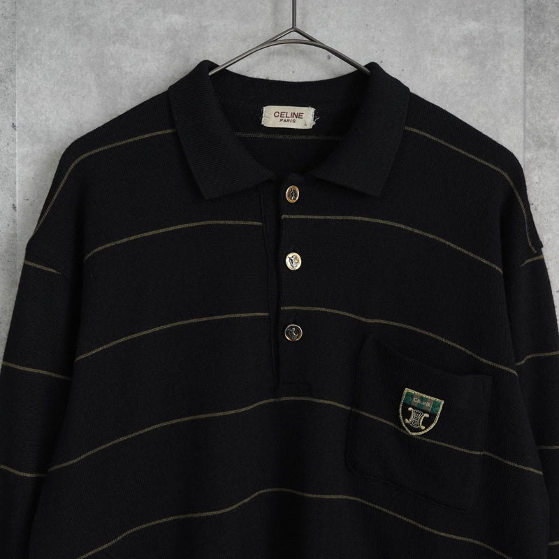 セリーヌ ヴィンテージ ボーダー柄 トリオンフ ワッペン 金ボタン シルク混紡 ポロニット ブラック - NEWSED