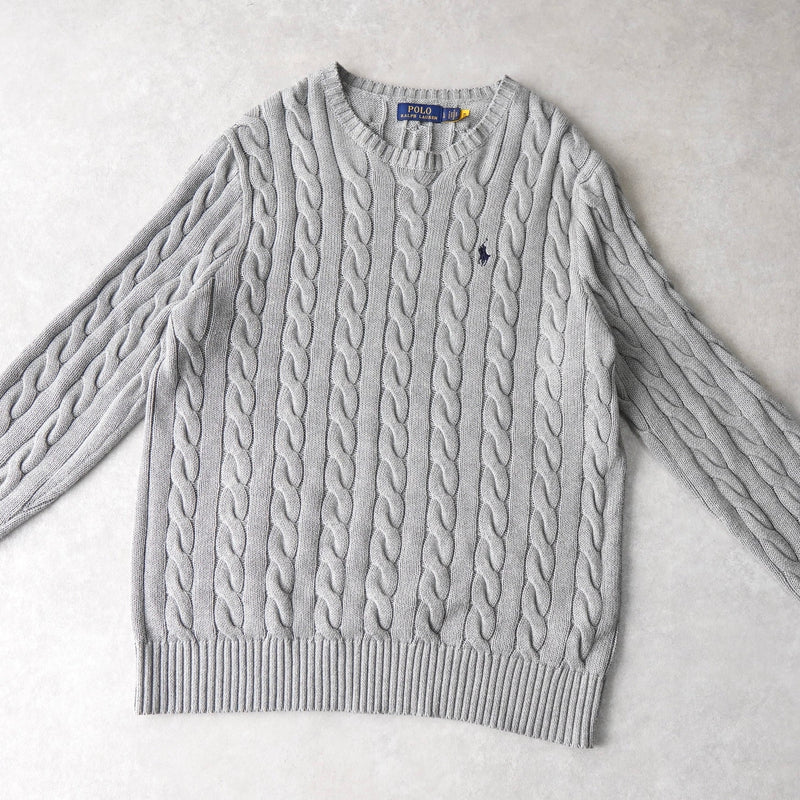 ポロ ラルフローレン ロゴ 刺繍 ケーブルニット グレー - NEWSED