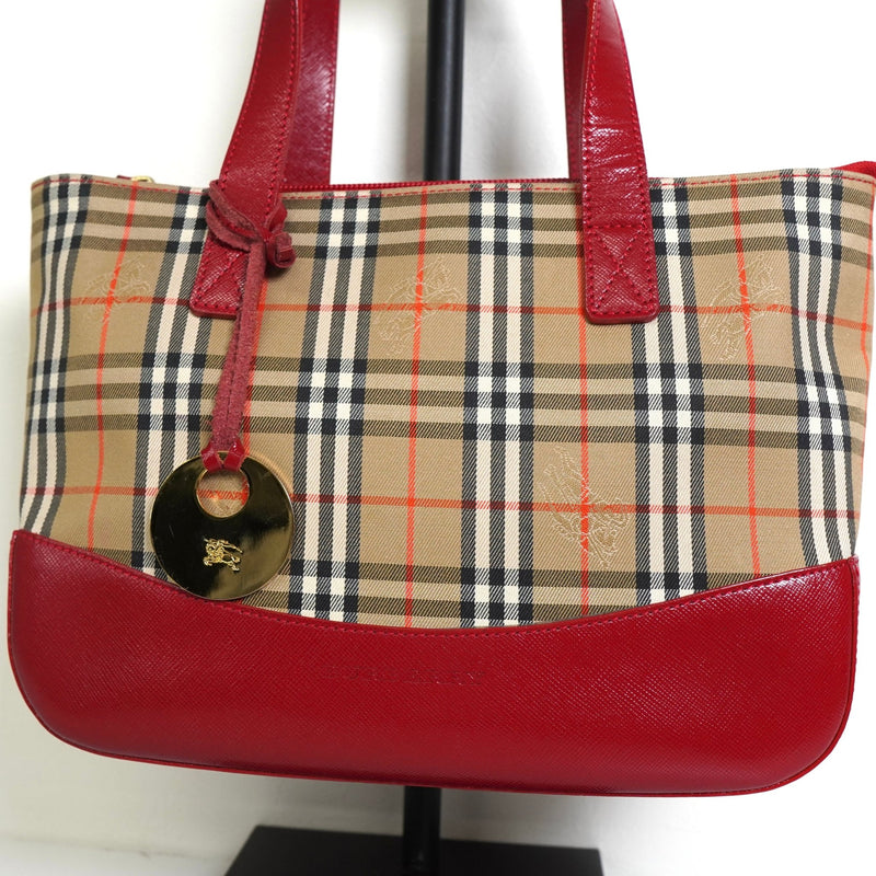 バーバリー ノバチェック ナイロンキャンバス / レザー ミニハンドバッグ ベージュ / レッド - NEWSED