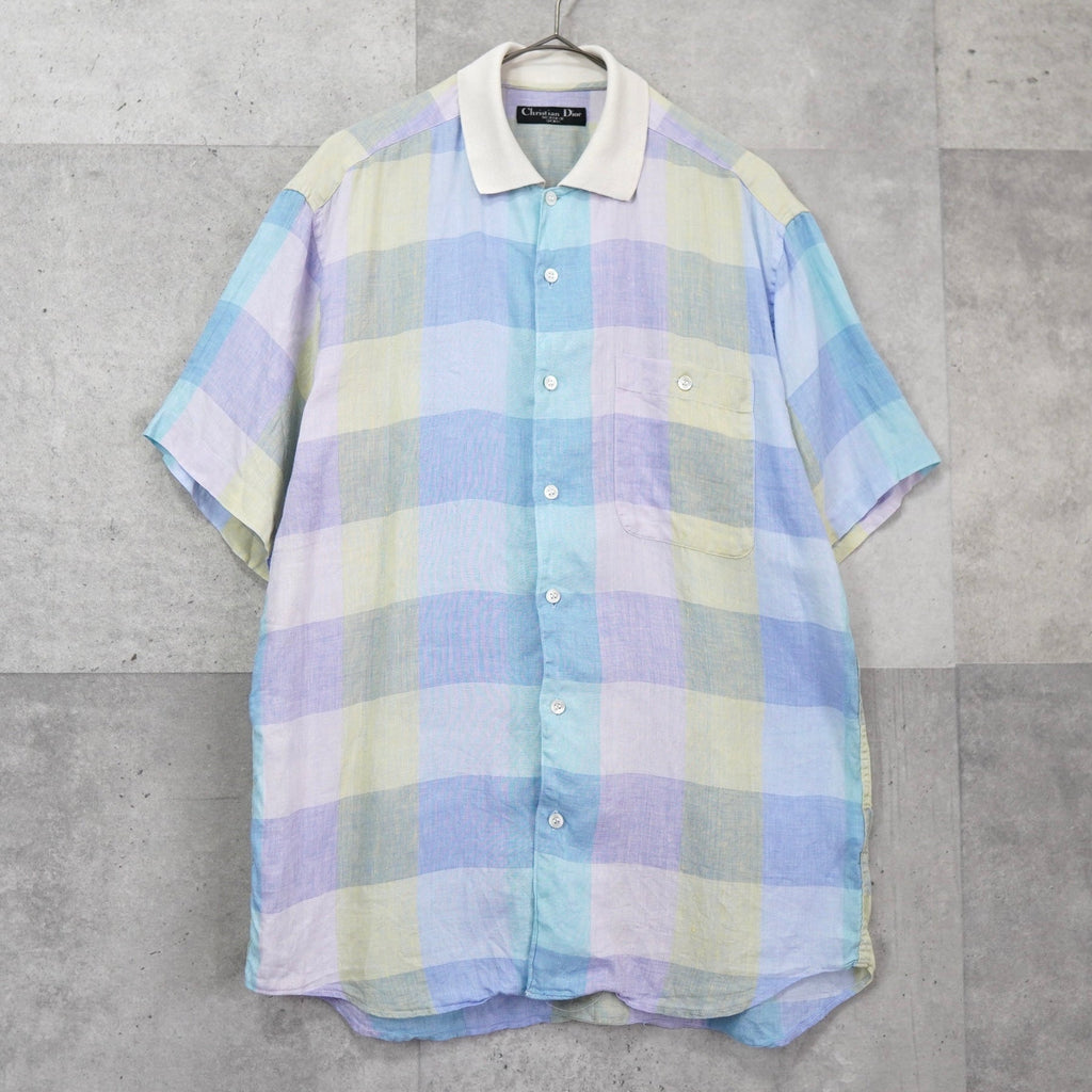 クリスチャン ディオール ヴィンテージ リネン チェック柄 半袖シャツ パステルカラー マルチカラー