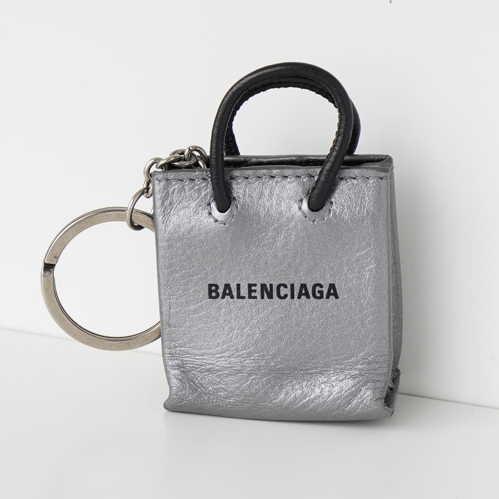 Balenciaga bag motif logo leather keychain charm in silver