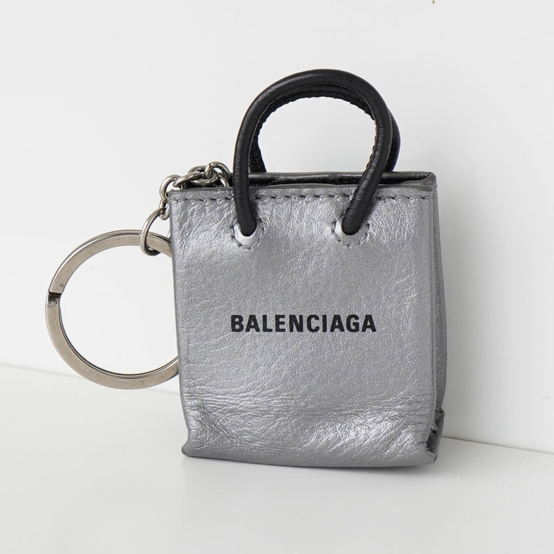 Balenciaga bag motif logo leather keychain charm in silver