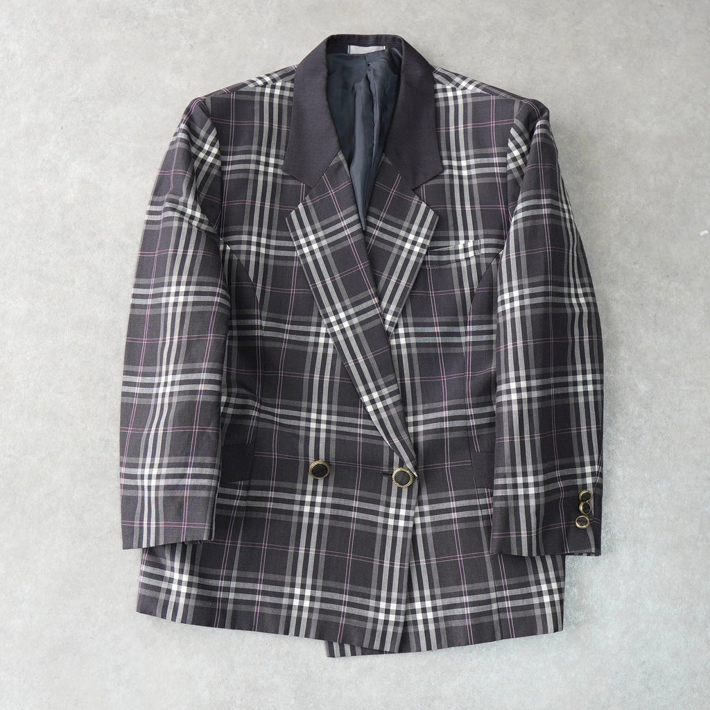 Burberry 复古 Nova 格纹金色纽扣亚麻丝绸定制夹克 紫色
