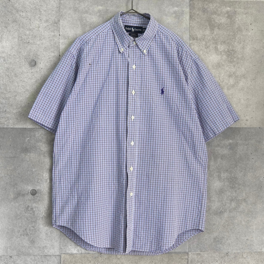 ラルフローレン ロゴ刺繍 チェック柄 半袖シャツ ブルー × ホワイト